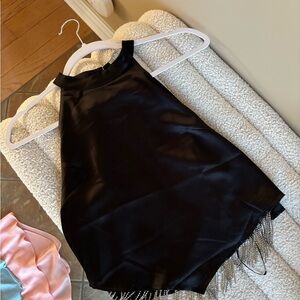 Black Satin Halter Top with Fringe